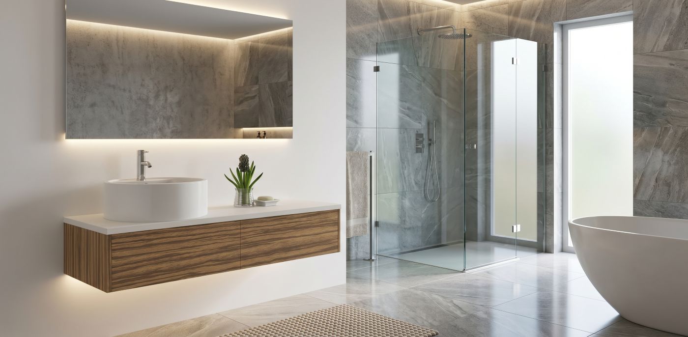 Badezimmer, Waschtisch, Waschbecken, Rundbecken, Duschbereich