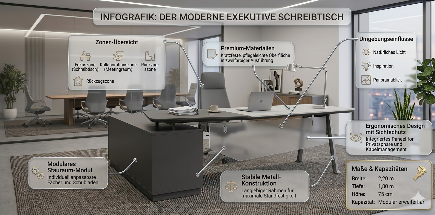 Büromöbel Chef Schreibtisch  Büroschreibtisch CAROLINA weiß-anthrazit 2,2x1,80x0,75m