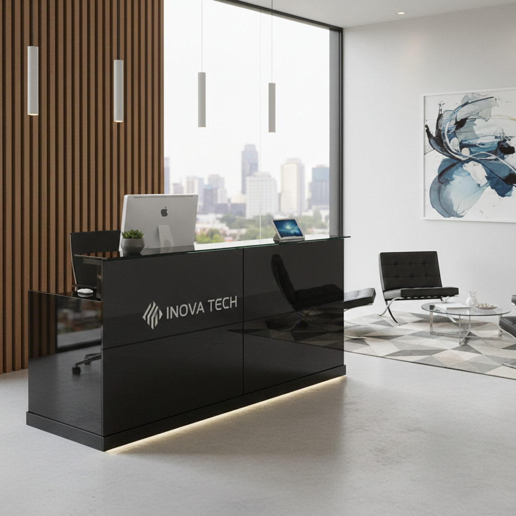 Büro Empfangstheke Zürs schwarz Büromöbel Empfang Theke 2.2 m Glasfront