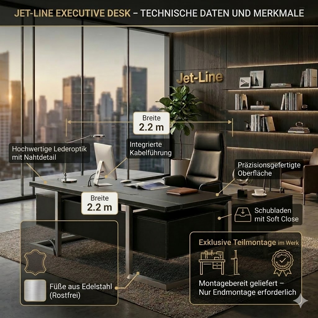 Büromöbel Chef Schreibtisch Managerschreibtisch Büroschreibtisch VENEDIG links schwarz 2,2x0,85x 0,7