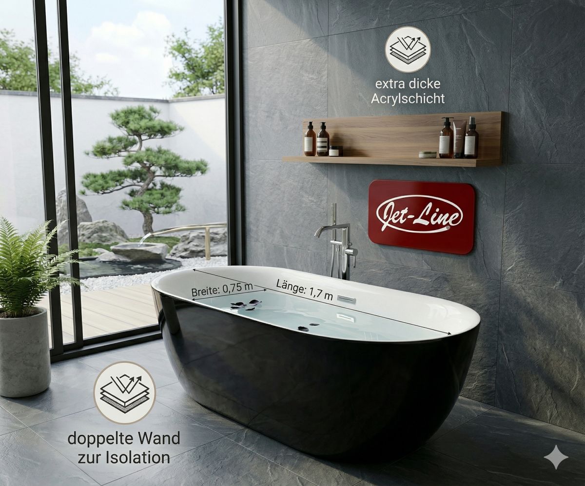Badewanne Design LAUSANNE II schwarz Freistehend 170 x 80 cm