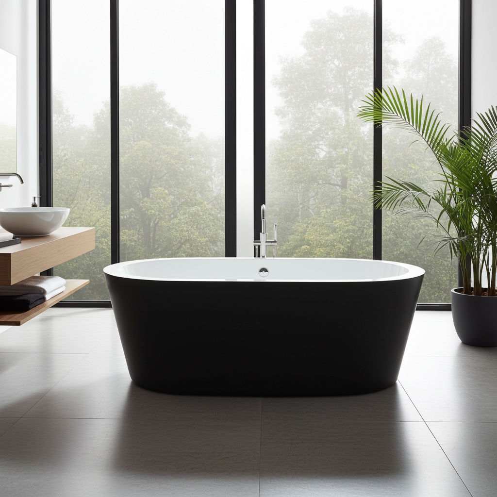 Freistehende Badewanne, Schwarz-Weiß, Ovale Form, Glänzende Oberfläche