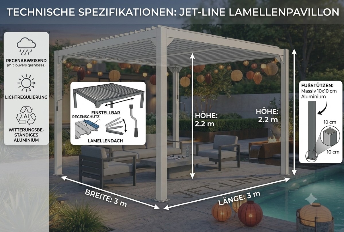 Pavillon Lamellendach Gartenzelt Gartendach Dubai II 3x3m Aluminium Neu