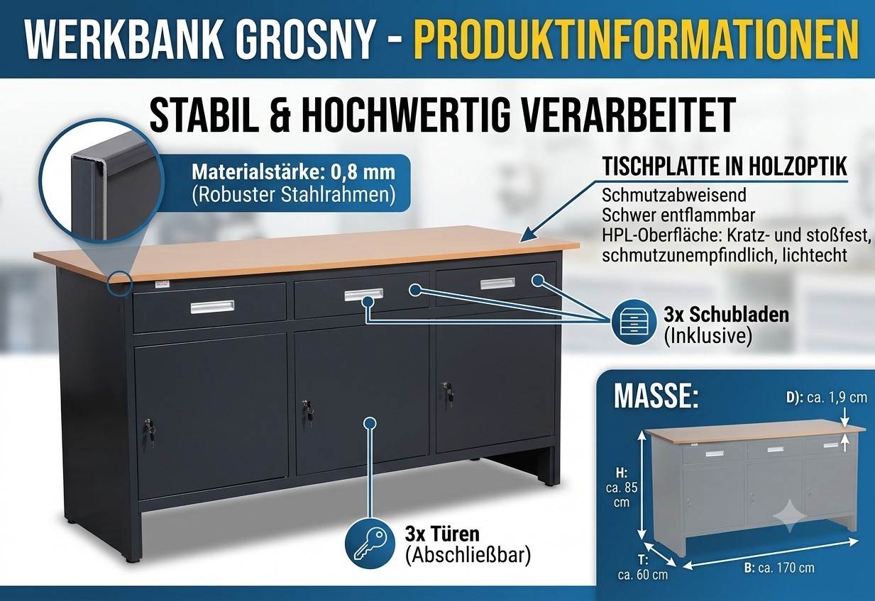 Werkbank GROSNY 170 cm anthrazit