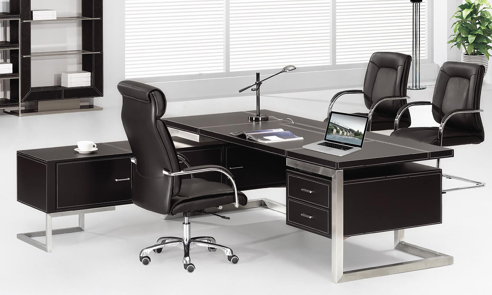 Chef Schreibtisch Venedig links schwarz Büromöbel Winkelschreibtisch Edelstahl Hochwertig