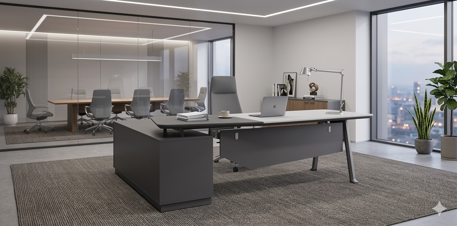 Büromöbel Chef Schreibtisch  Büroschreibtisch CAROLINA weiß-anthrazit 2,2x1,80x0,75m