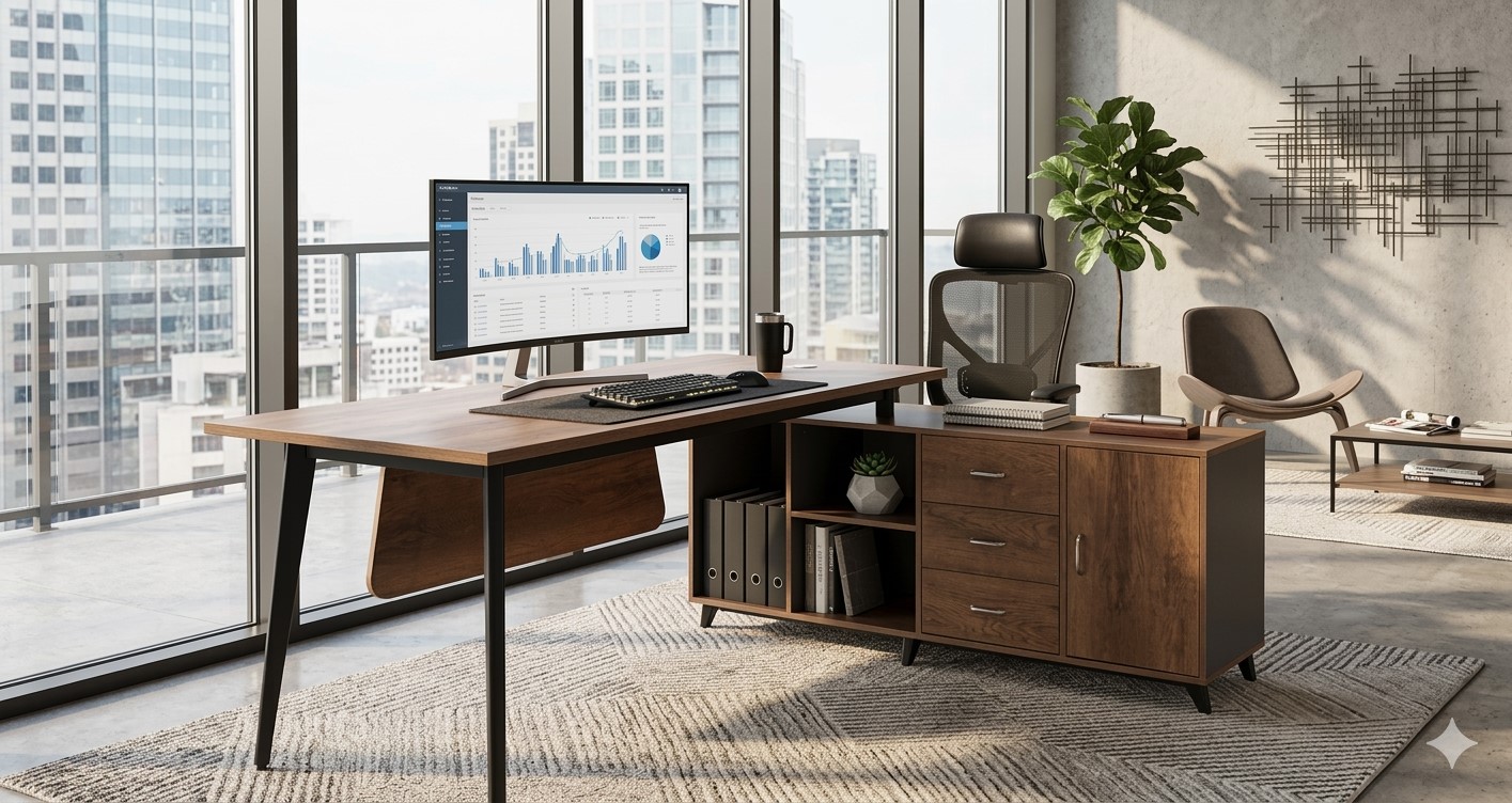 Büromöbel Chef Schreibtisch Managerschreibtisch San Paulo braun-anthrazit 2m rechts Büro Office