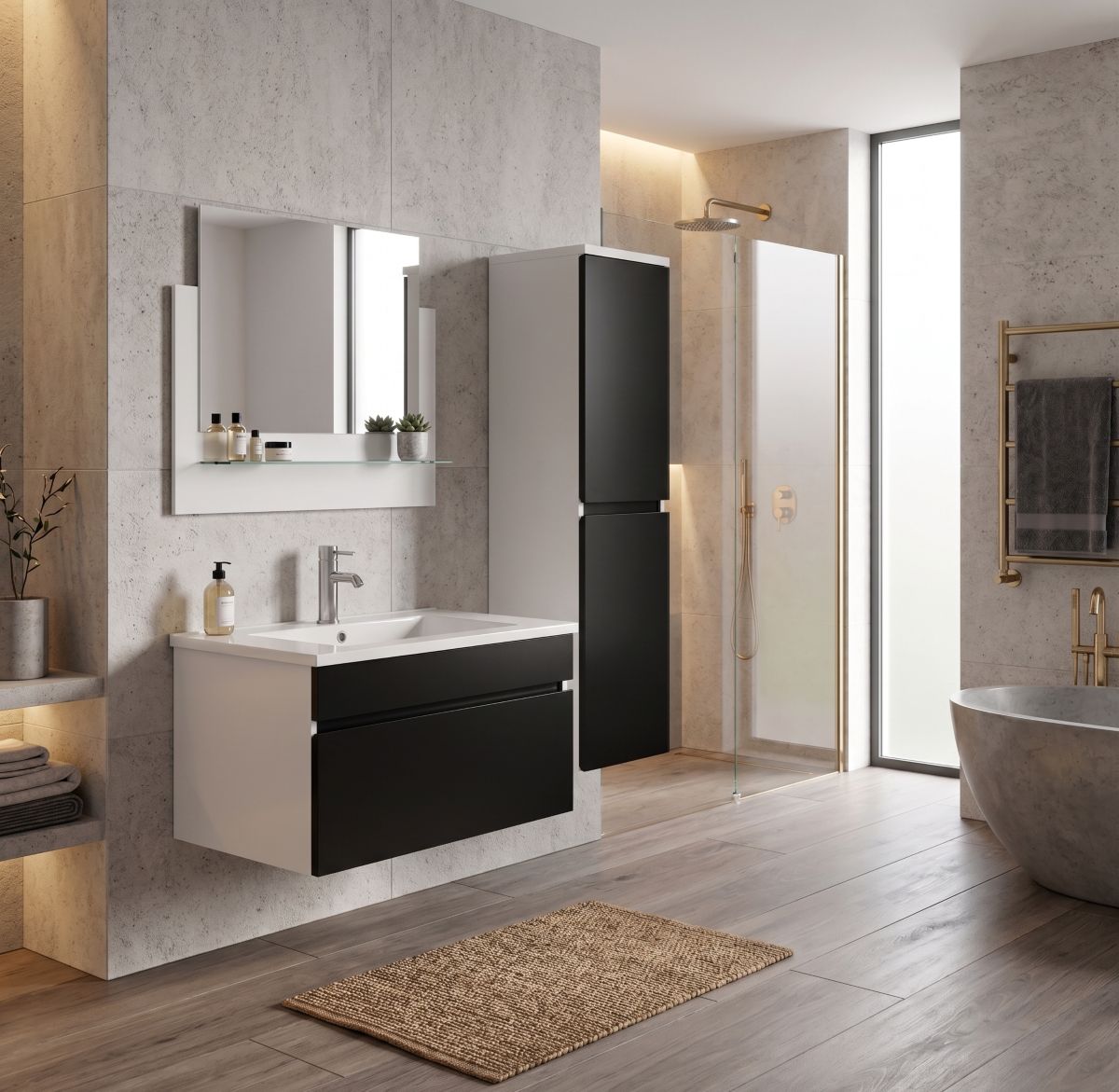 Badezimmer, Waschbecken, Spiegel, Duschbereich, Badmöbel