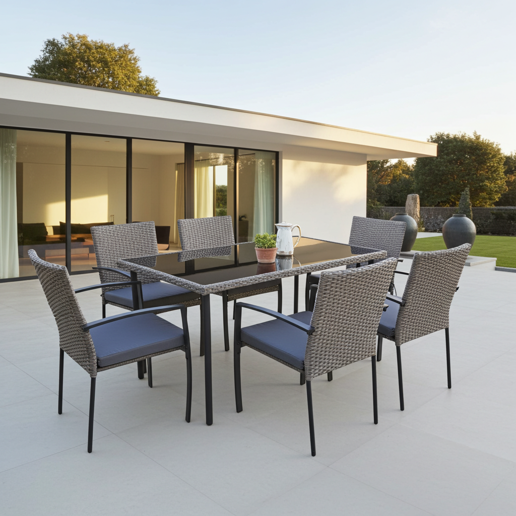 Gartenmöbel Essgruppe Sitzgruppe CARLO 7-Teilig grau aus Rattan mit Kissen Garten Terrasse Balkon