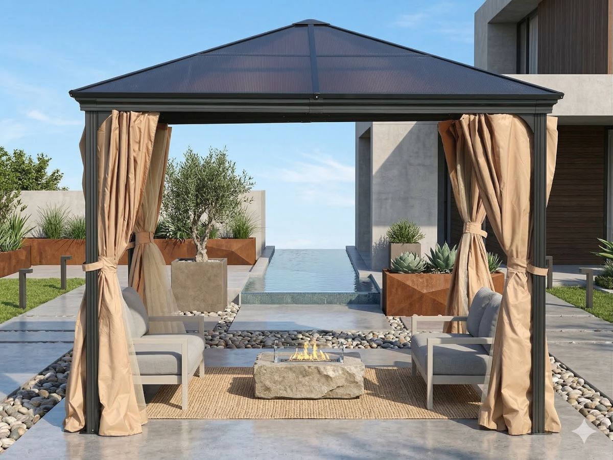 Pavillon Gartenpavillon 3x3m Suez II braun mit festem Dach Aluminium UV-Schutz Sonnenschutz