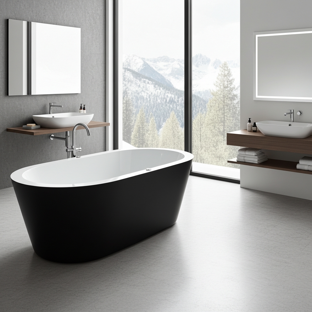 Freistehende Badewanne, Schwarz-Weiß, Ovale Form, Glänzende Oberfläche