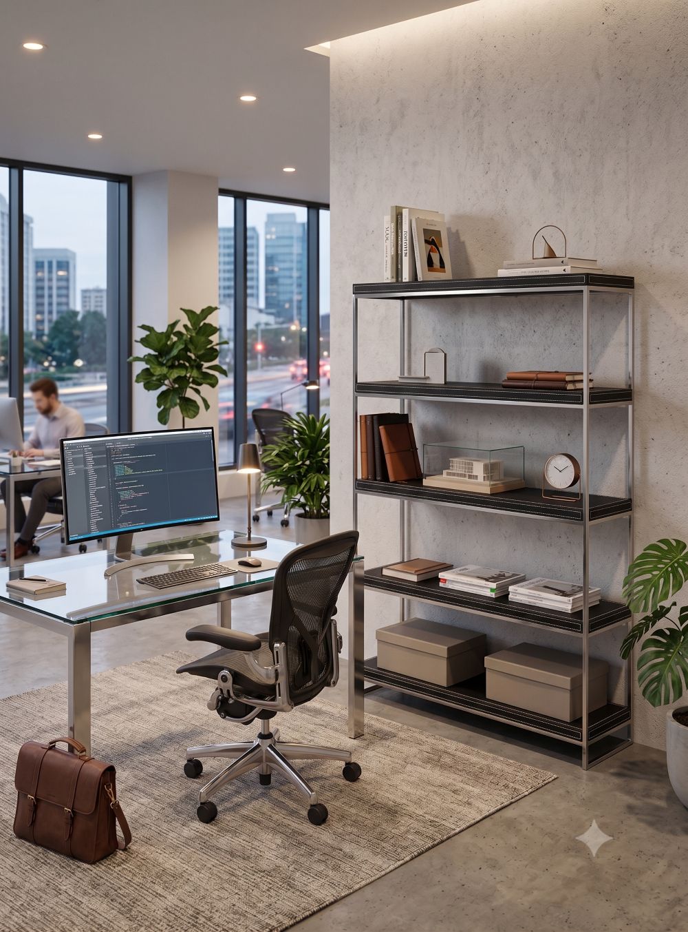office, desk, computer, shelving, decor