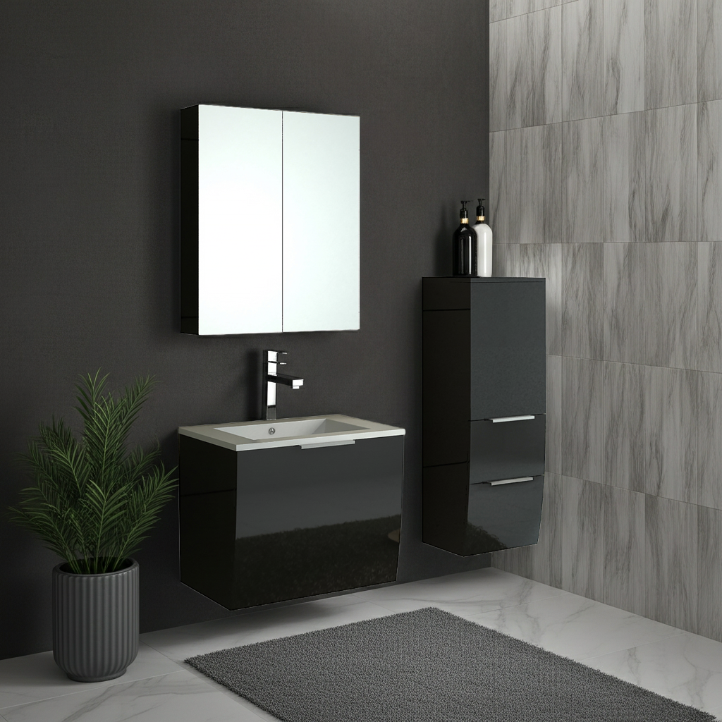 Badset Badmöbel Set 3-Teilig RORSCHACH schwarz Waschtisch,Spiegelschrank und Hängeschrank
