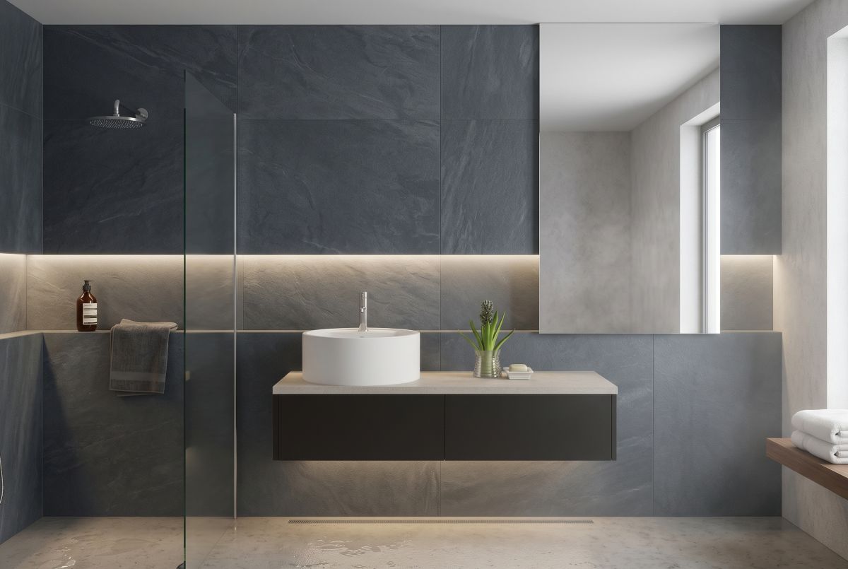 Badezimmer, Waschbecken, Waschtisch, Wandfliesen, Dunkelgrau