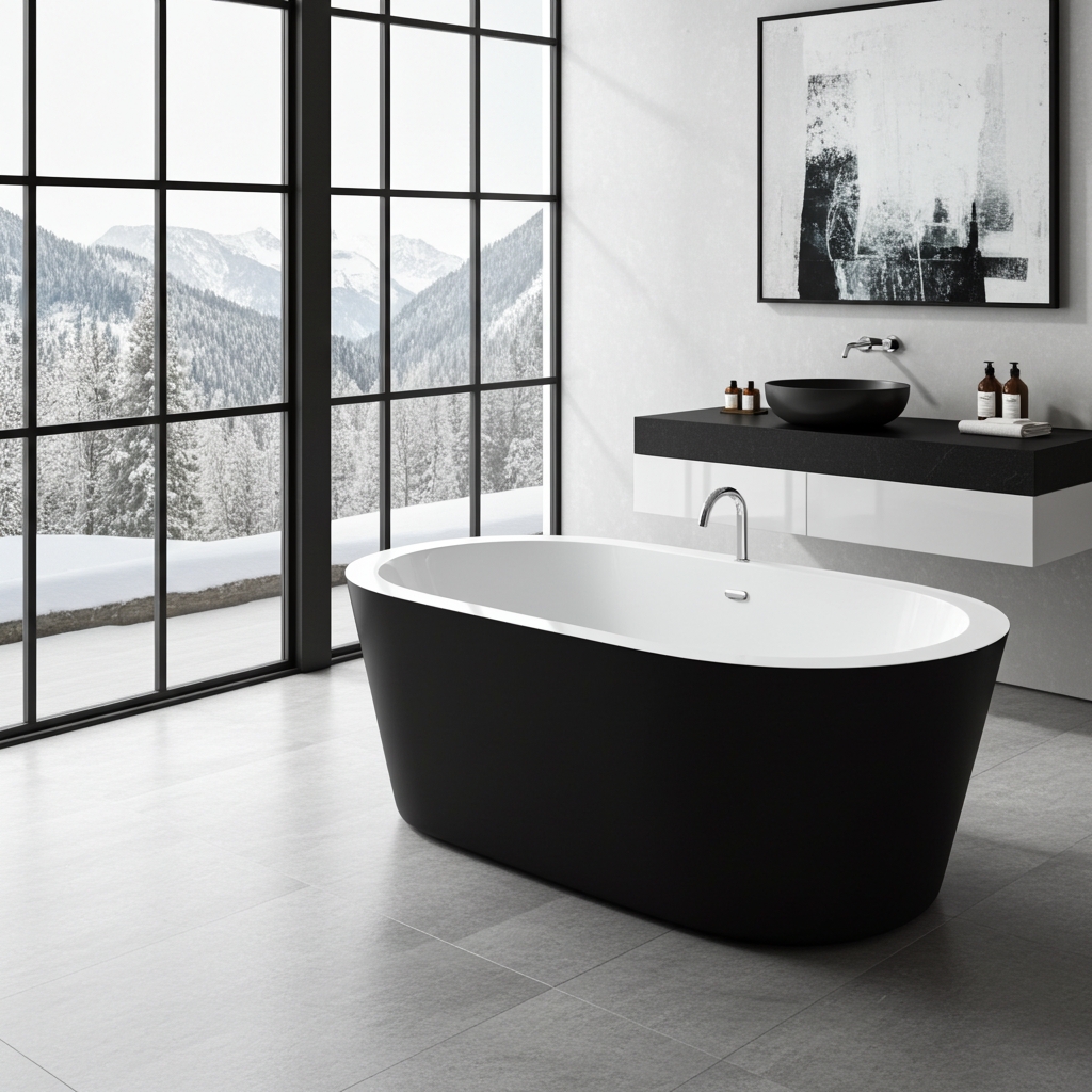 Freistehende Badewanne, Schwarz-weiß, Ovale Form, Doppelwandig, Badezimmer