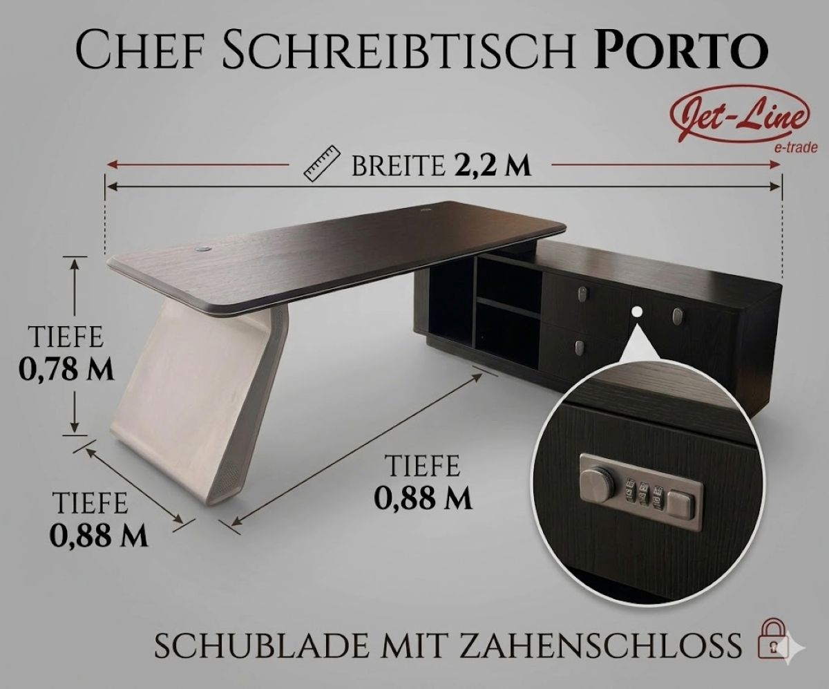 Chef Schreibtisch Eckschreibtisch Porto rechts schwarz 220x180x75 Büromöbel
