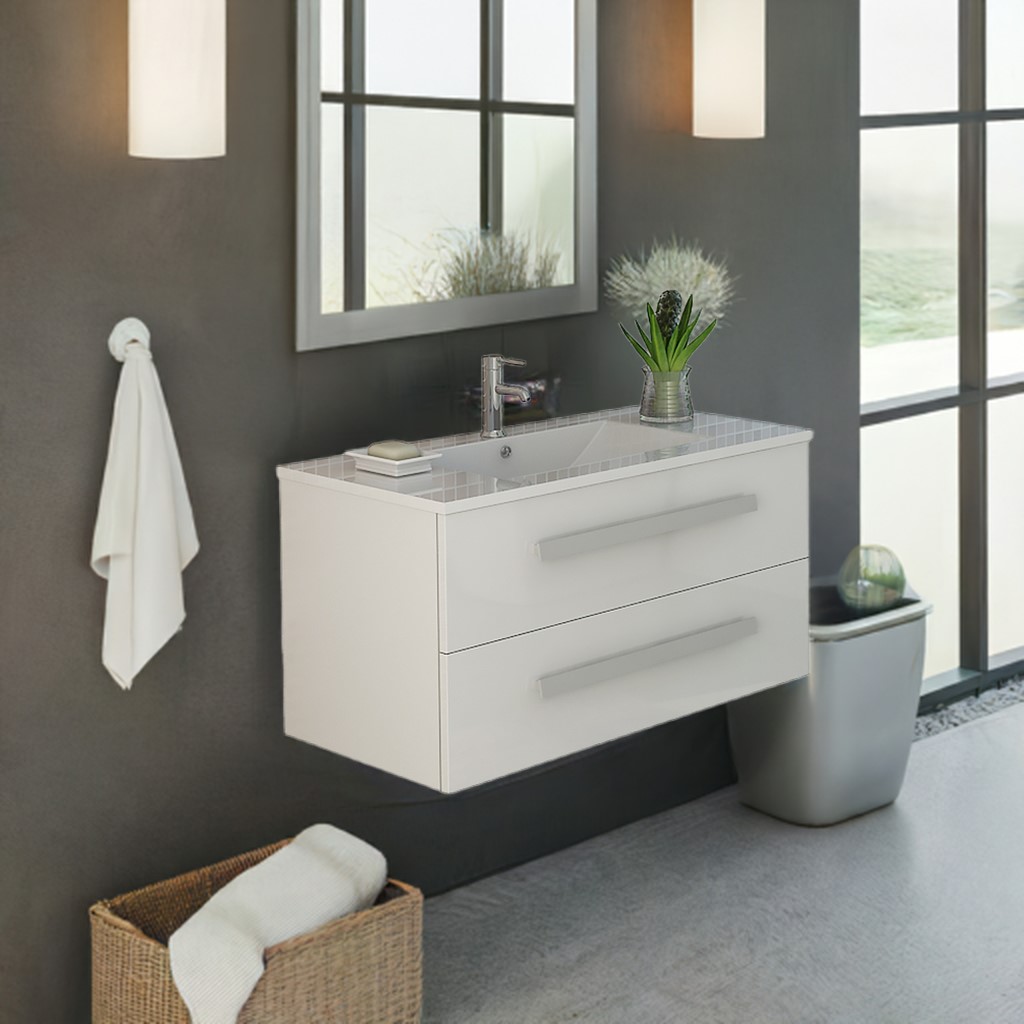 Badmöbel Badset RAPPERSWIL Waschtisch weiss Badmöbel mit Keramit Waschbecken