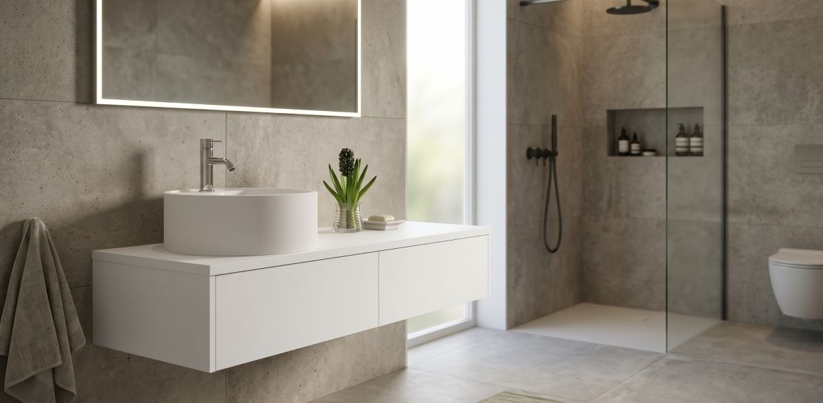 Badezimmer, Waschtisch, Waschbecken, Vorne Wandmontiertes Waschbecken, Duschbereich