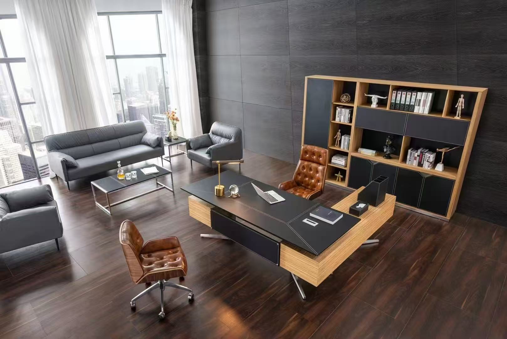 Büromöbel Chef Schreibtisch Bari schwarz - Holz Chef Büromöbel Edelstahl Füße