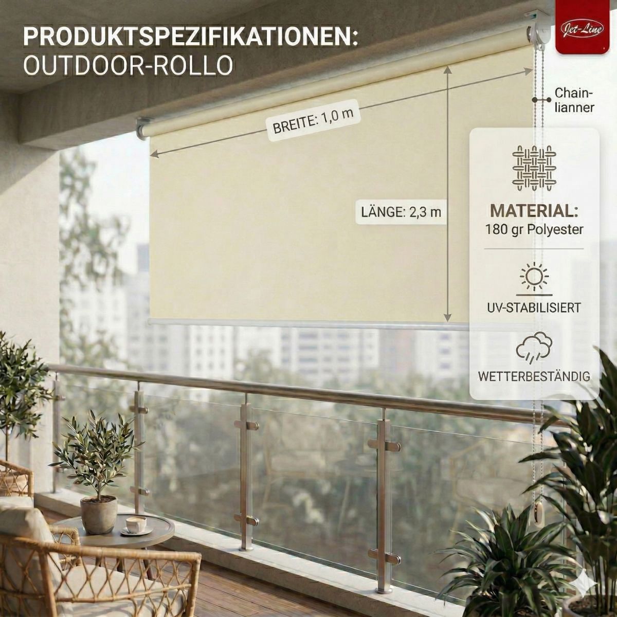 Vertikalmarkise Balkonmarkise Beschattung Sichtschutzrollo 1.0 x 2.3 m beige Außenrollo Garten