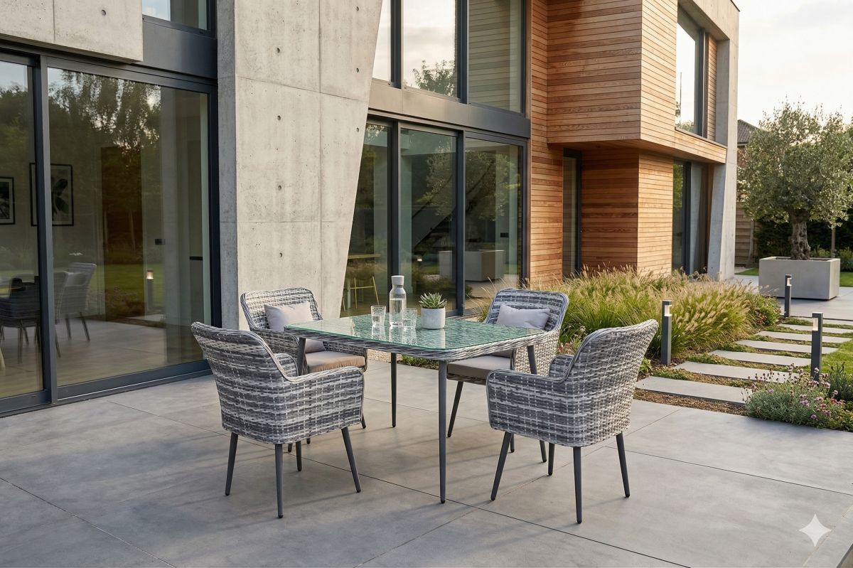 Gartenmöbel Garten Essgruppe Sitzgruppe LIMA grau 5-Teilig mit Kissen Garten Terrasse Balkon Garten