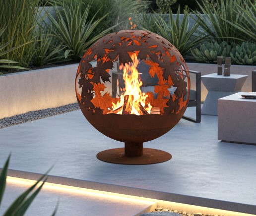 Jet-Line Feuerstelle rund Ø 58 cm – Blattmotiv & Rostoptik – Outdoor Feuerschale aus Stahl