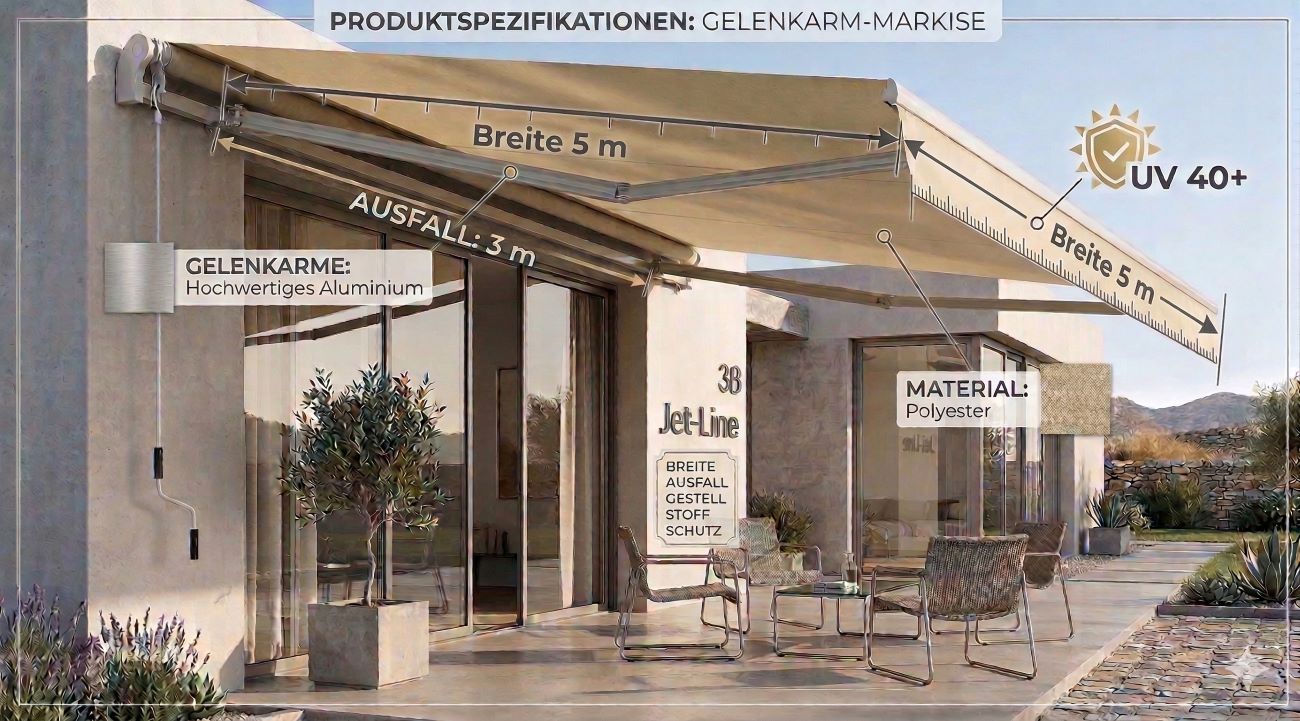 Markise Gelenkarmmarkise 5x3 m Sunpower beige UV-Schutz wasserbeständig Terrasse Balkon