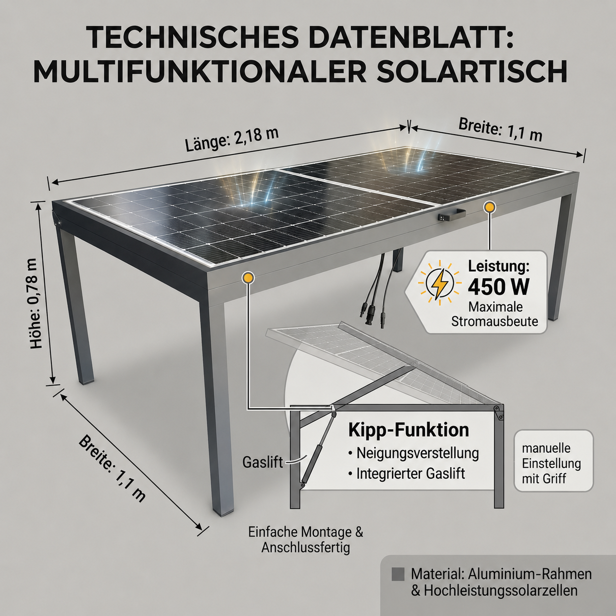 Jet-Line Solar Gartentisch Balkonsolar Ständer 450 W Modul 6-Personen Tisch
