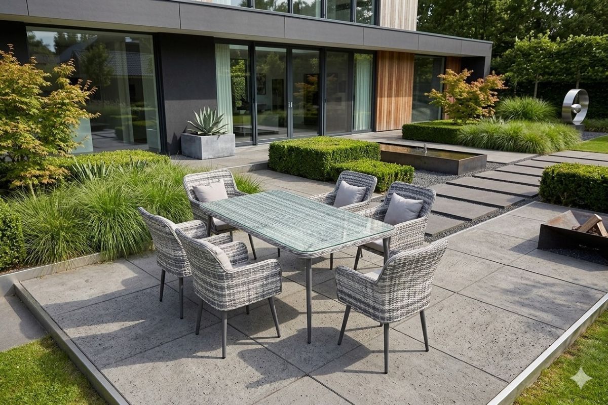 Gartenmöbel Essgruppe Sitzgruppe Outdoor QUITO grau 7-Teilig mit Kissen Garten Terrasse Balkon