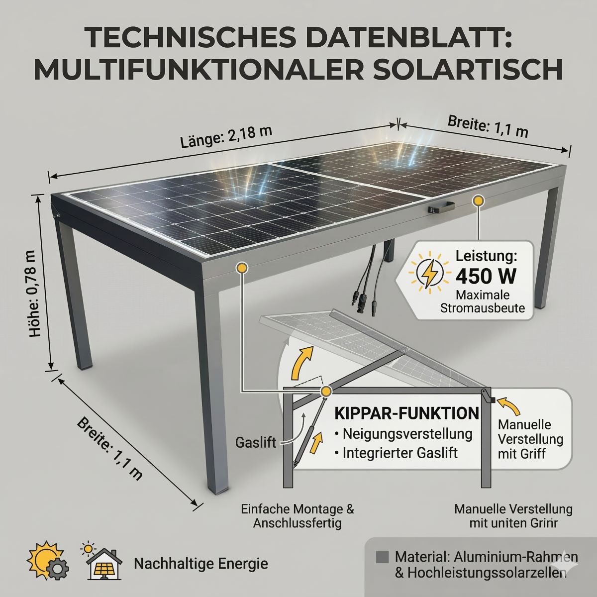 Jet-Line Solar Gartentisch Balkonsolar Ständer 450 W Modul 6-Personen Tisch