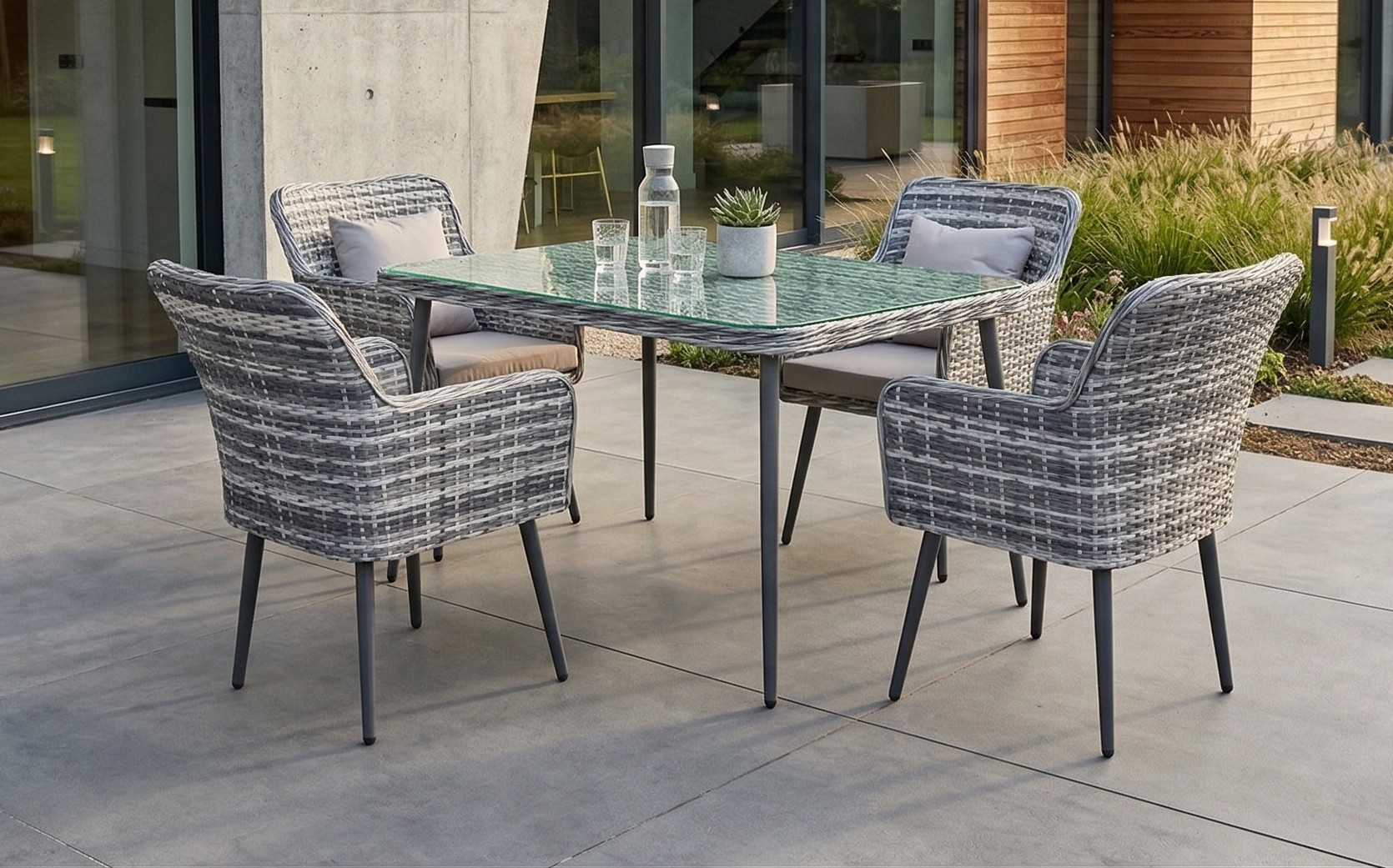 Gartenmöbel Garten Essgruppe Sitzgruppe LIMA grau 5-Teilig mit Kissen Garten Terrasse Balkon Garten