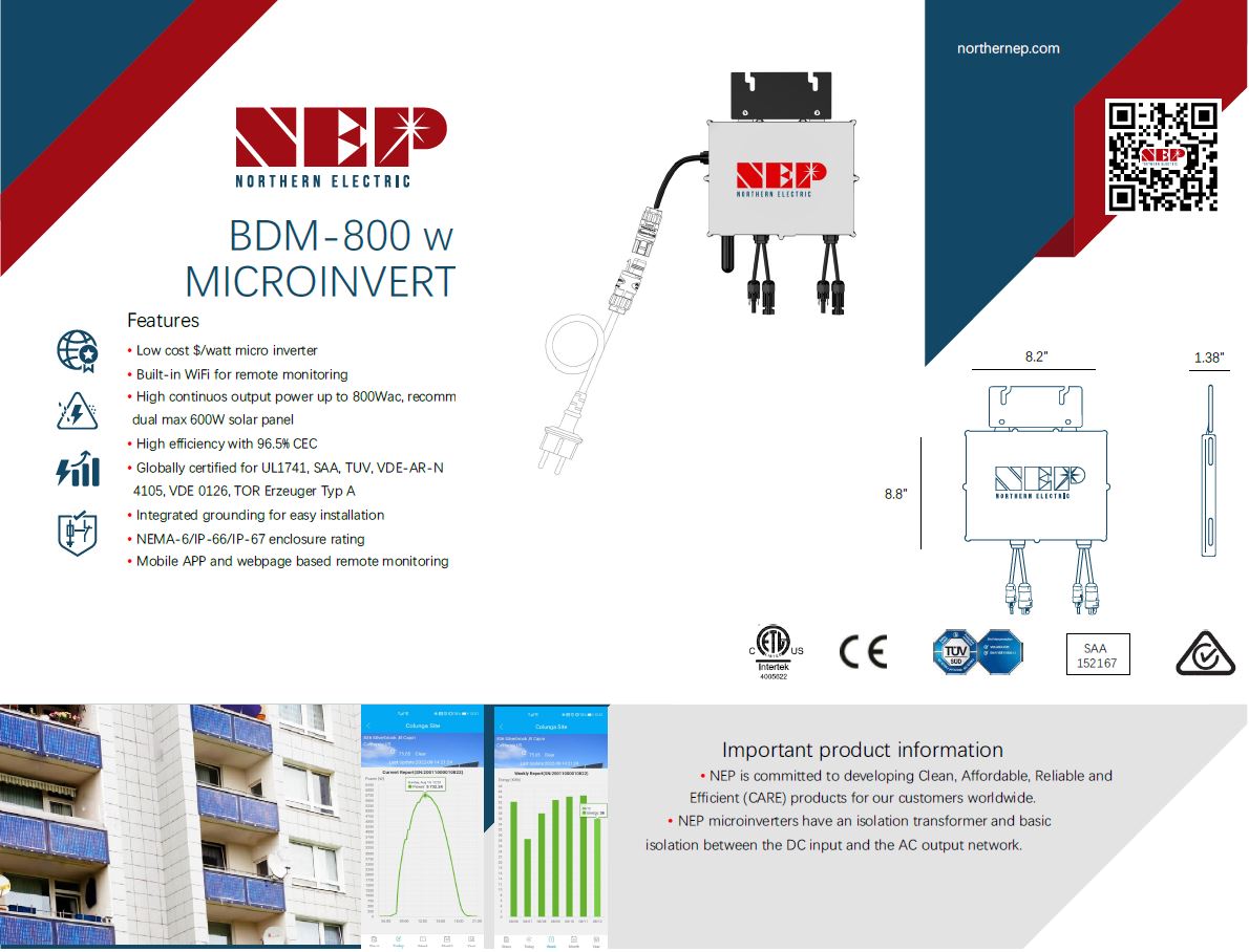 Micro Wechselrichter 800W (600 W Drosselung)  Balkon Solar Anlage mit Wifi NEP BDM 800