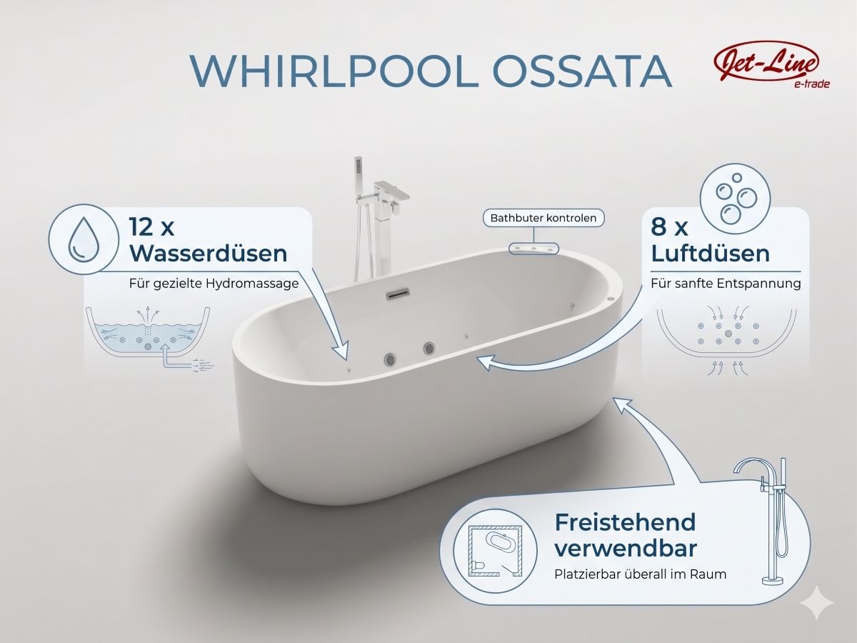 Whirlpool Indoor Spa freistehende  Badewanne OSSANTA  weiß 170x80x58 cm mit Massagedüsen