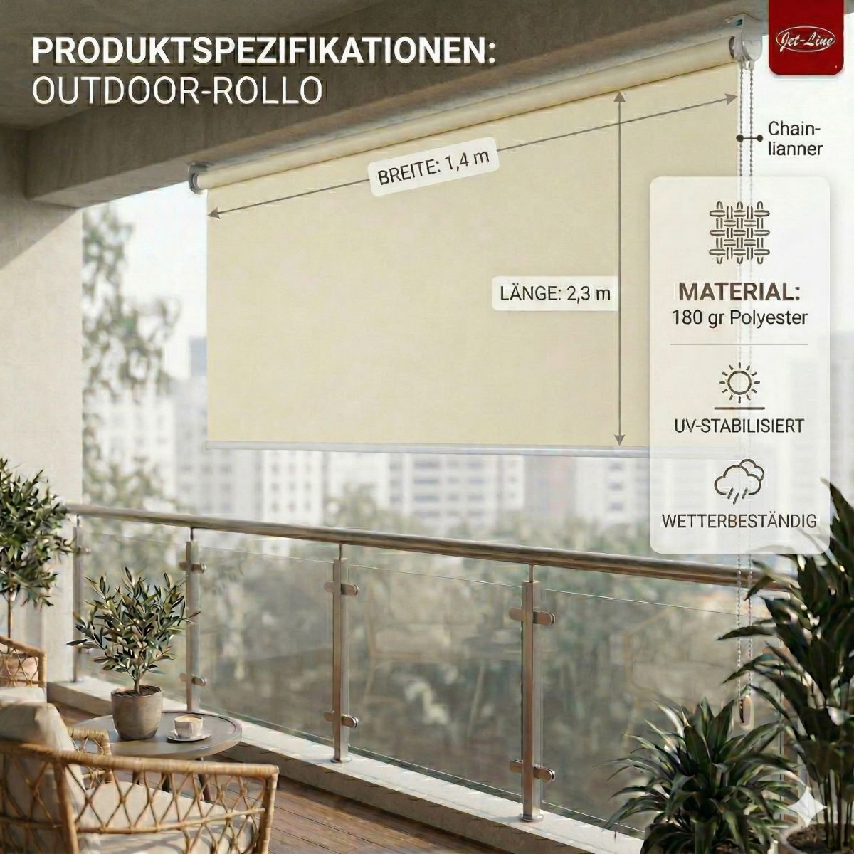Vertikalmarkise Balkonmarkise Jet-Line Sichtschutzrollo 1,4 x 2,3 m in beige Außenrollo Garten
