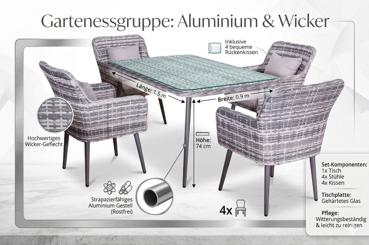 Gartenmöbel Garten Essgruppe Sitzgruppe LIMA grau 5-Teilig mit Kissen Garten Terrasse Balkon Garten