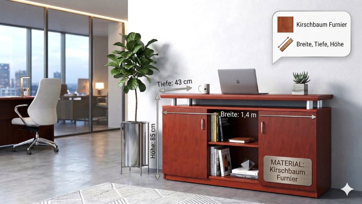 Büromöbel Büro Schrank Aktenschrank ORLY Kirsch 140x85x43cm Büro Arbeitszimmer Home-Office
