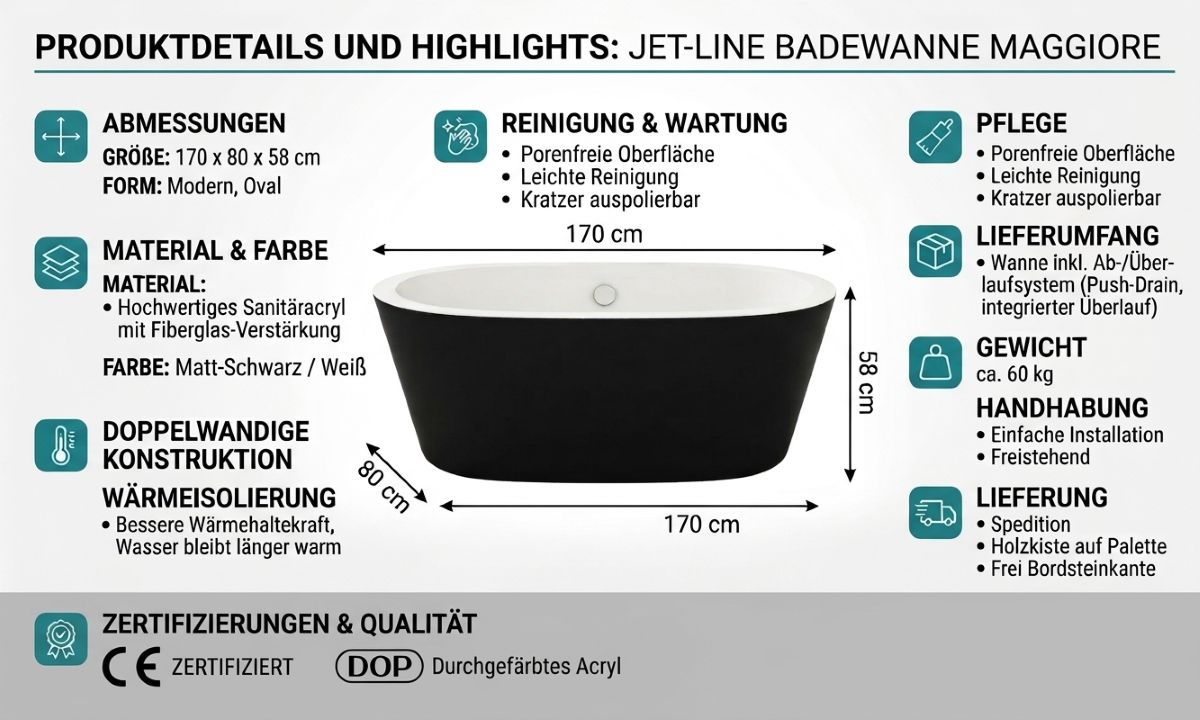 Badewanne, Ovalbadewanne, Schwarz-Weiß, Doppelwandig, Acryl