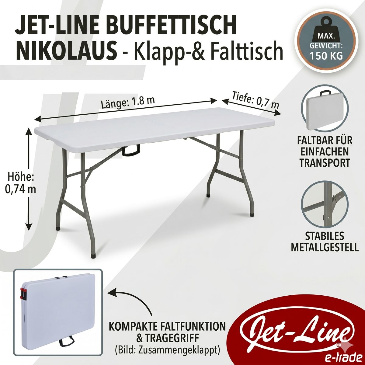 Buffettisch Gartentisch Klapptisch zusammenklappbar faltbar weiß grau 180x70x74cm NIKOLAUS