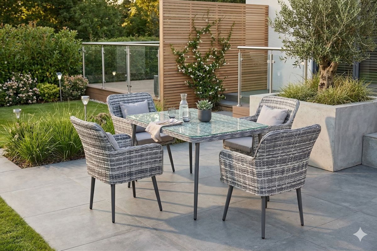 Gartenmöbel Garten Essgruppe Sitzgruppe LIMA grau 5-Teilig mit Kissen Garten Terrasse Balkon Garten