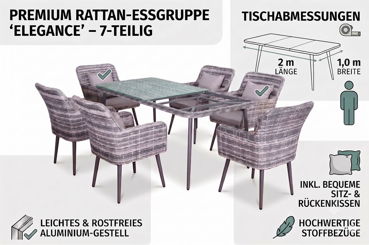 Esstisch-Set, Rattan-Geflecht, Glasplatte, 7-teilig, Stuhl-Kissen