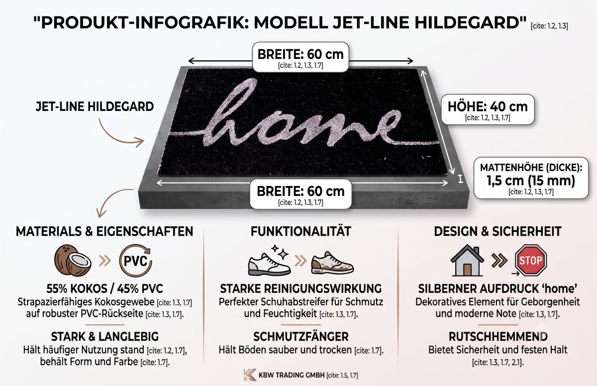 Fußmatte HILDEGARD Schuhabstreifer Schmutzmatte Schmutzfänger 40x60cm 15mm Aufdruck "home" in silber