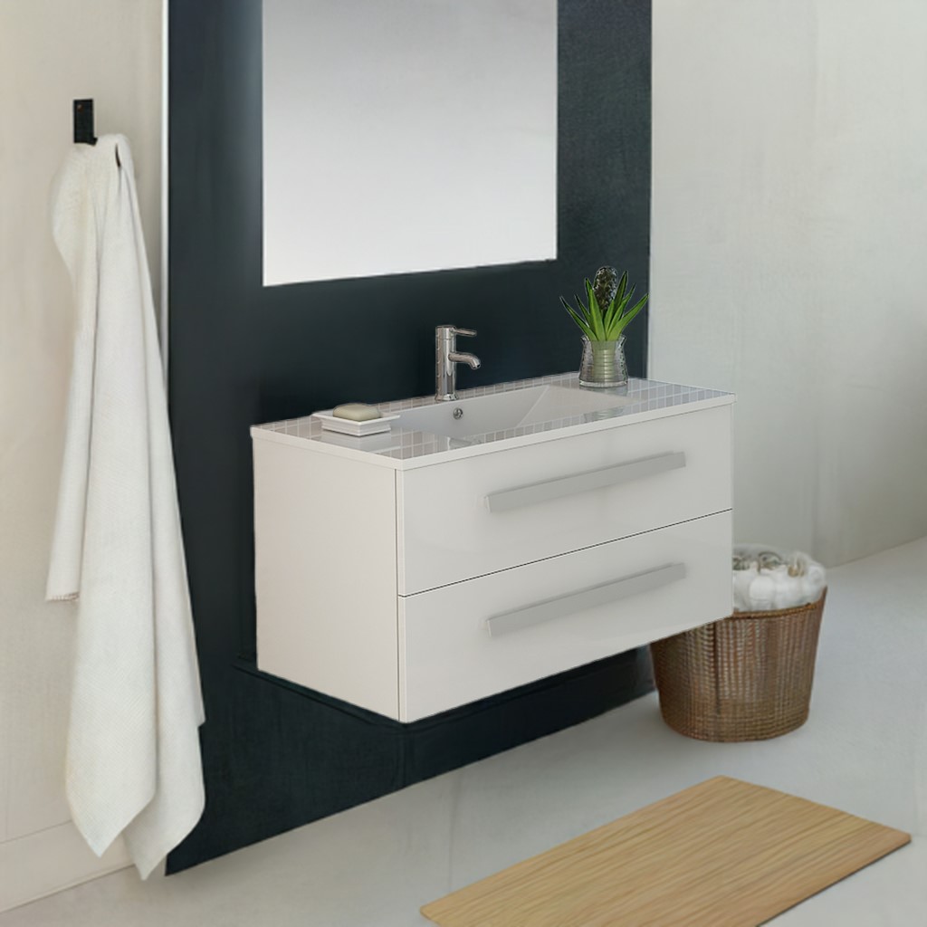 Badmöbel Badset RAPPERSWIL Waschtisch weiss Badmöbel mit Keramit Waschbecken