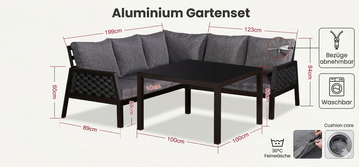 Gartenmöbel Garten lounge ARIANA schwarz 3-Teilig mit Kissen Garten Terrasse Balkon Wetterbeständig