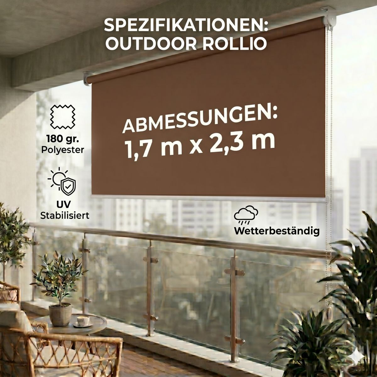 Sichtschutzrollo Vertikalmarkise Sonnenschutz blickdichtes Rollo 1,7x2,3m Braun Garten Terrasse