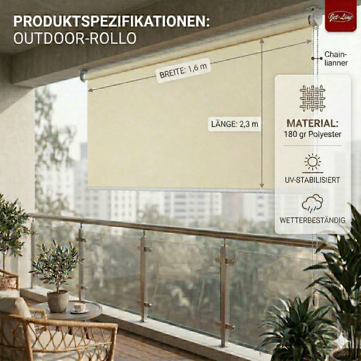 Vertikalmarkise Beschattung Balkon Sichtschutzrollo 1.6 x 2.3 m beige Außenrollo Garten Terrasse